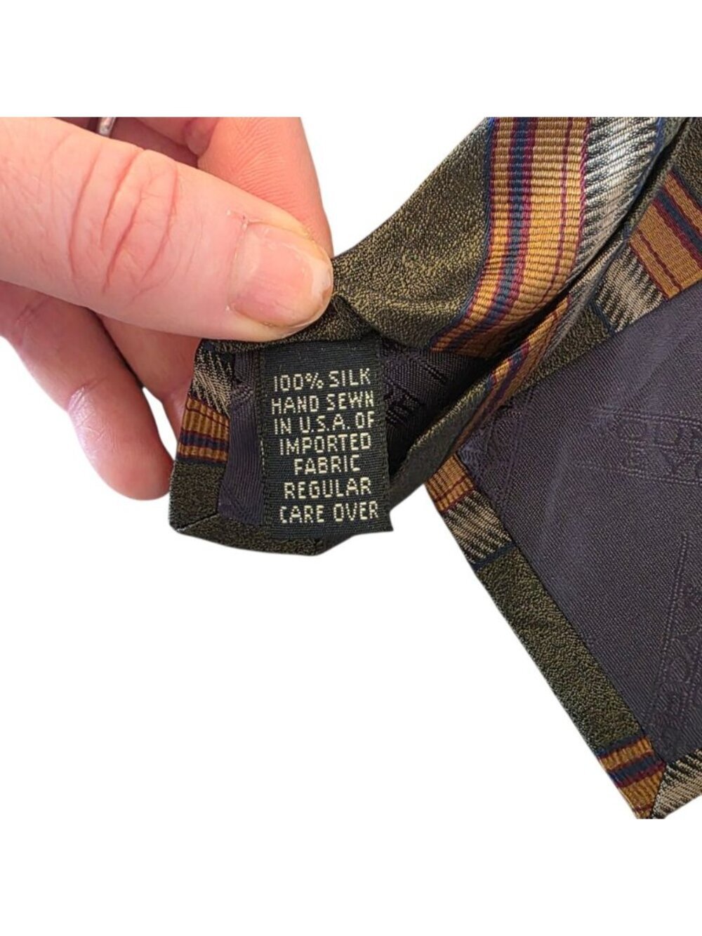 Roundtree & Yorke Vintage Silk Tie Ivy Prep Olive Green Striped Handmade USA - Picture 7 of 11